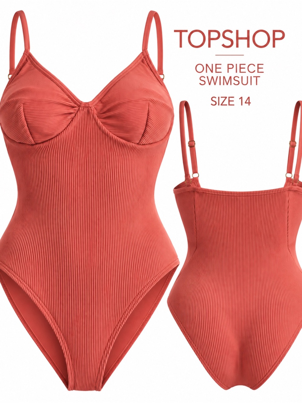 Topshop Coral Ribbed Underwire One Piece Swimsuit Women’s US 14